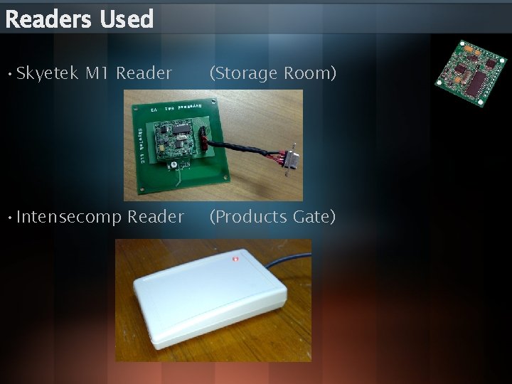 Readers Used • Skyetek M 1 Reader (Storage Room) • Intensecomp Reader (Products Gate) Readers Used • Skyetek M 1 Reader (Storage Room) • Intensecomp Reader (Products Gate)