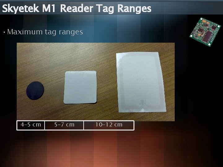 Skyetek M 1 Reader Tag Ranges • Maximum tag ranges 4 -5 cm 5 Skyetek M 1 Reader Tag Ranges • Maximum tag ranges 4 -5 cm 5
