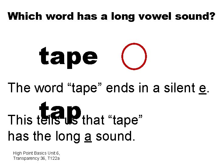 Which word has a long vowel sound? tape The word “tape” ends in a