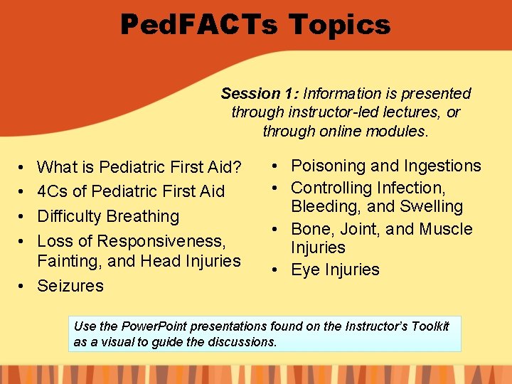 Ped. FACTs Topics Session 1: Information is presented through instructor-led lectures, or through online