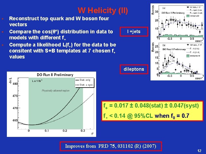 W Helicity (II) § § § Reconstruct top quark and W boson four vectors