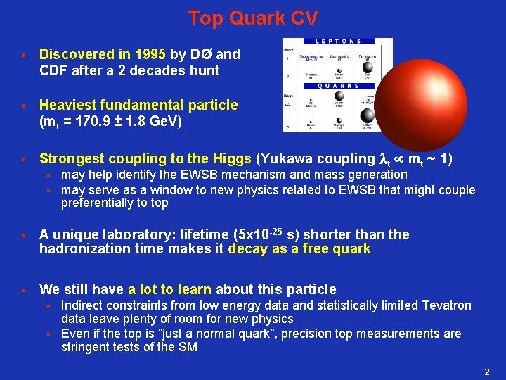 Top Quark CV § Discovered in 1995 by DØ and CDF after a 2