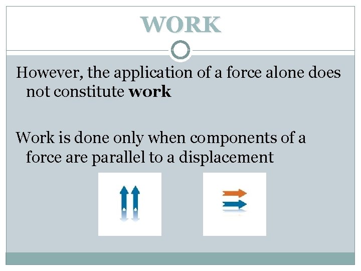WORK However, the application of a force alone does not constitute work Work is