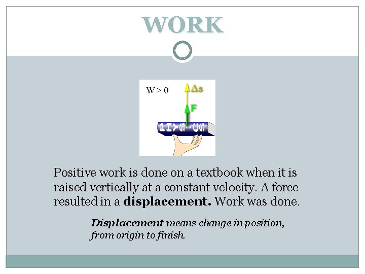 WORK Positive work is done on a textbook when it is raised vertically at