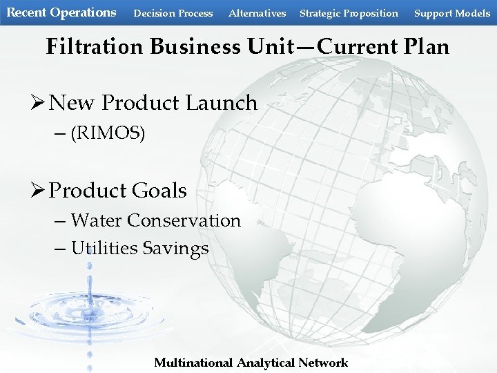Recent Operations Decision Process Alternatives Strategic Proposition Support Models Filtration Business Unit—Current Plan Ø Recent Operations Decision Process Alternatives Strategic Proposition Support Models Filtration Business Unit—Current Plan Ø