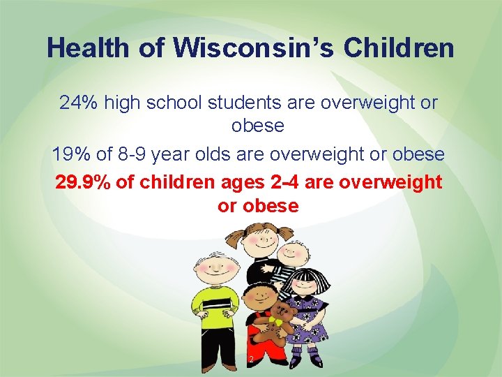 Health of Wisconsin’s Children 24% high school students are overweight or obese 19% of