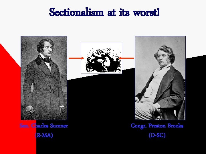 Sectionalism at its worst! Sen. Charles Sumner (R-MA) Congr. Preston Brooks (D-SC) 