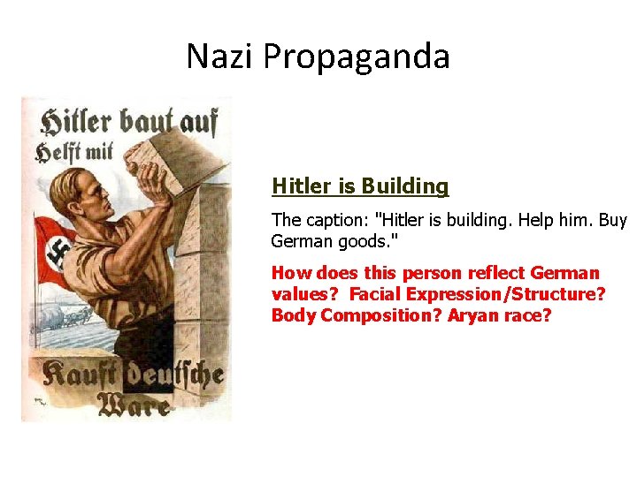 Nazi Propaganda Hitler is Building The caption: "Hitler is building. Help him. Buy German