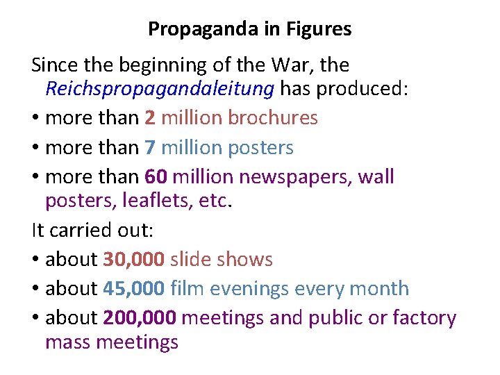 Propaganda in Figures Since the beginning of the War, the Reichspropagandaleitung has produced: •