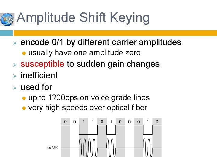 Amplitude Shift Keying Ø encode 0/1 by different carrier amplitudes l Ø Ø Ø