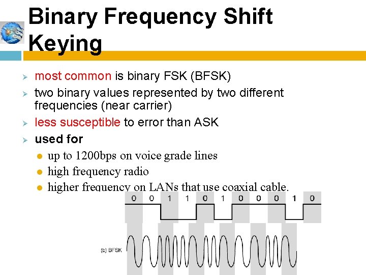 Binary Frequency Shift Keying Ø Ø most common is binary FSK (BFSK) two binary