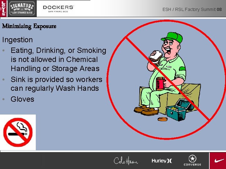 ESH / RSL Factory Summit 08 Minimizing Exposure Ingestion • Eating, Drinking, or Smoking