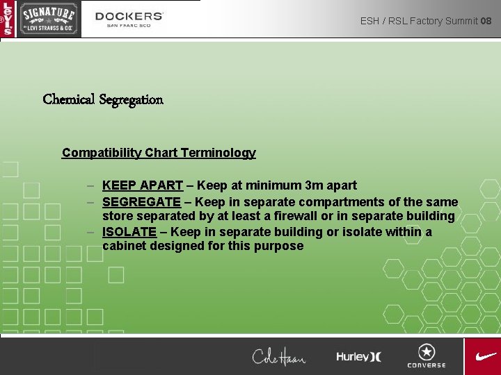 ESH / RSL Factory Summit 08 Chemical Segregation Compatibility Chart Terminology – KEEP APART