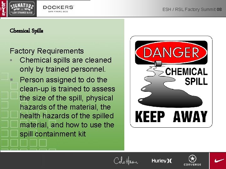 ESH / RSL Factory Summit 08 Chemical Spills Factory Requirements • Chemical spills are