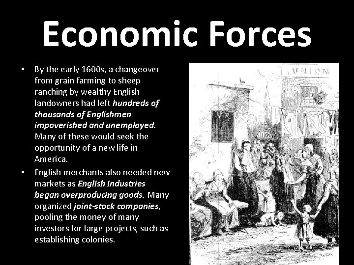 Economic Forces • • By the early 1600 s, a changeover from grain farming