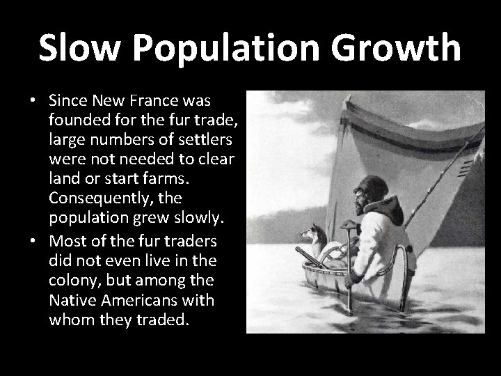 Slow Population Growth • Since New France was founded for the fur trade, large