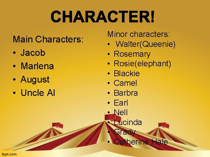 Main Characters: • Jacob • Marlena • August • Uncle Al Minor characters: •