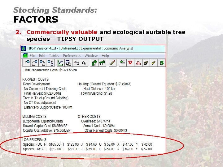 Stocking Standards: FACTORS 2. Commercially valuable and ecological suitable tree species – TIPSY OUTPUT