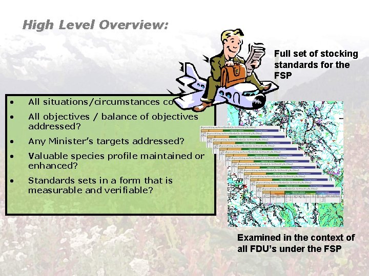 High Level Overview: Full set of stocking standards for the FSP • All situations/circumstances