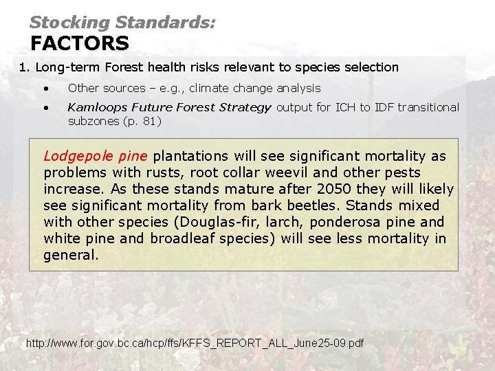 Stocking Standards: FACTORS 1. Long-term Forest health risks relevant to species selection • Other