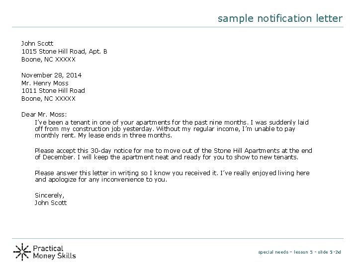 sample notification letter John Scott 1015 Stone Hill Road, Apt. B Boone, NC XXXXX