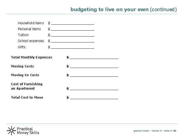 budgeting to live on your own (continued) Household items $ ___________ Personal items $