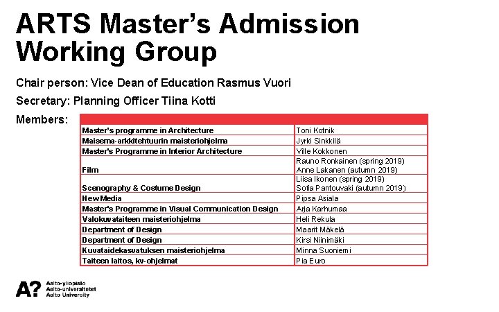 ARTS Master’s Admission Working Group Chair person: Vice Dean of Education Rasmus Vuori Secretary: