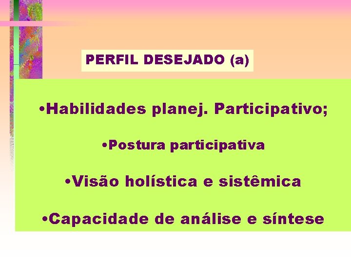 PERFIL DESEJADO (a) • Habilidades planej. Participativo; • Postura participativa • Visão holística e
