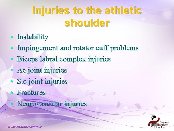 Injuries to the athletic shoulder • • Instability Impingement and rotator cuff problems Biceps