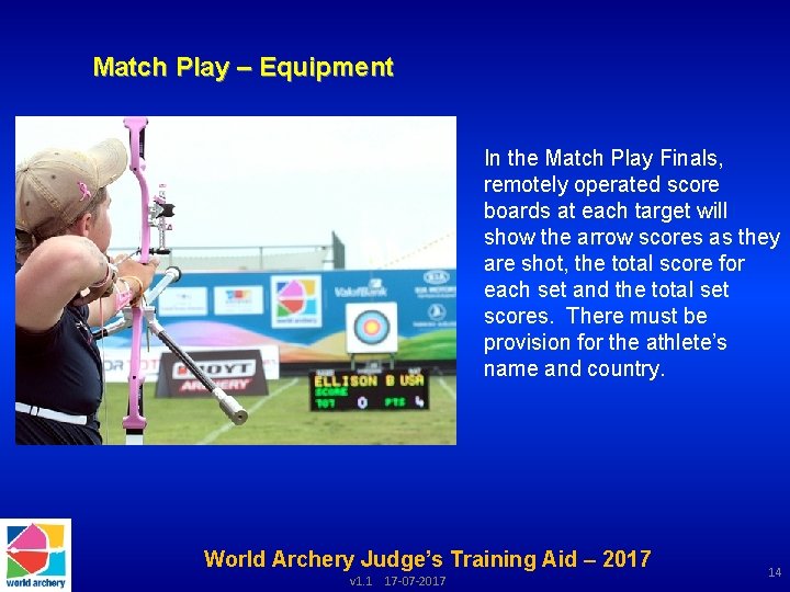 Match Play – Equipment In the Match Play Finals, remotely operated score boards at