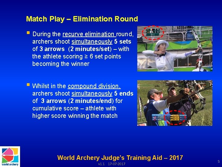 Match Play – Elimination Round § During the recurve elimination round, archers shoot simultaneously