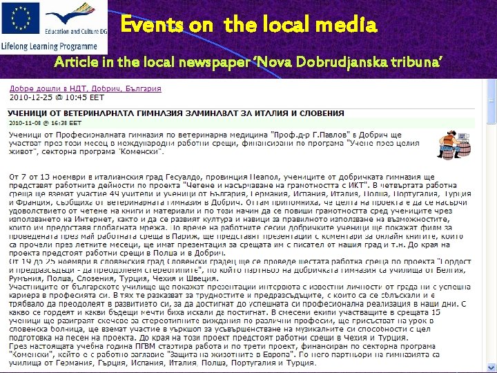 Events on the local media Article in the local newspaper ‘Nova Dobrudjanska tribuna’ 