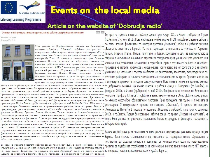 Events on the local media Article on the website of ‘Dobrudja radio’ 