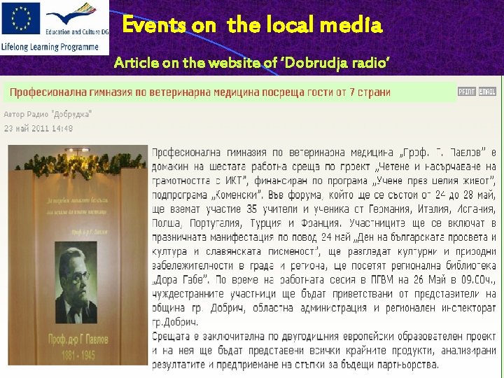 Events on the local media Article on the website of ‘Dobrudja radio’ 