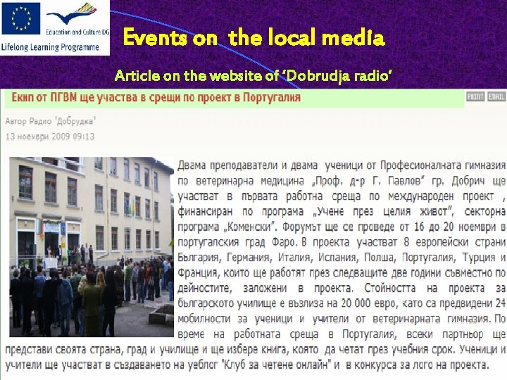 Events on the local media Article on the website of ‘Dobrudja radio’ 
