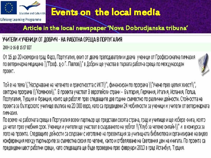 Events on the local media Article in the local newspaper ‘Nova Dobrudjanska tribuna’ 