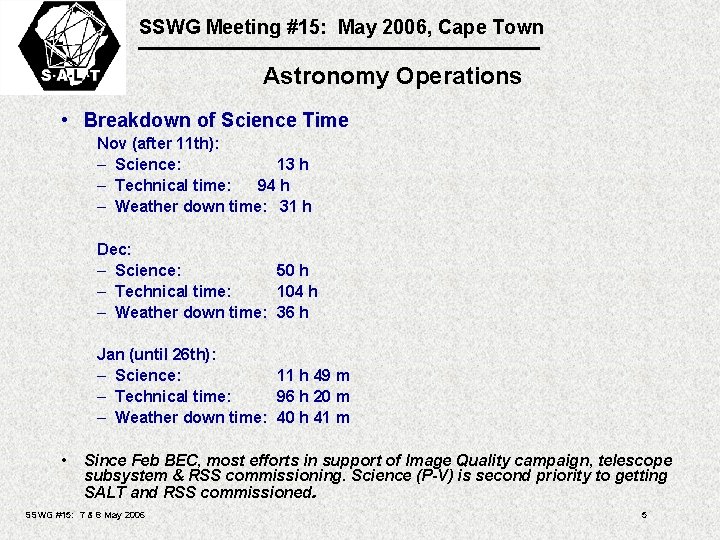 SSWG Meeting #15: May 2006, Cape Town Astronomy Operations • Breakdown of Science Time