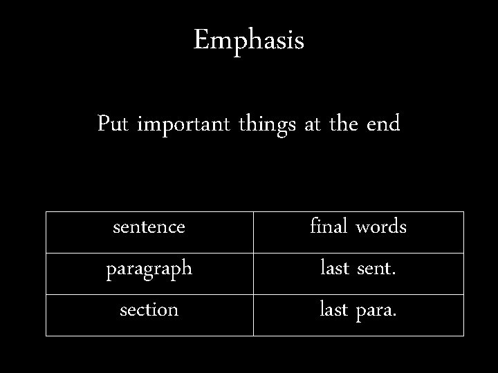 Emphasis Put important things at the end sentence paragraph section final words last sent.