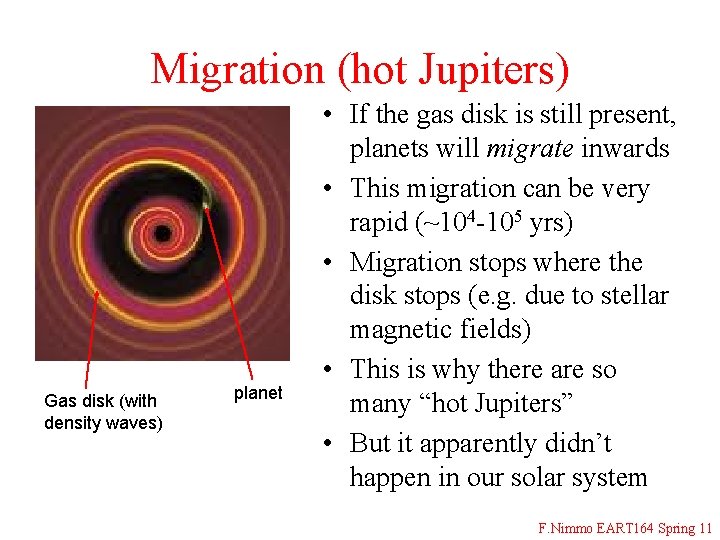 Migration (hot Jupiters) Gas disk (with density waves) planet • If the gas disk