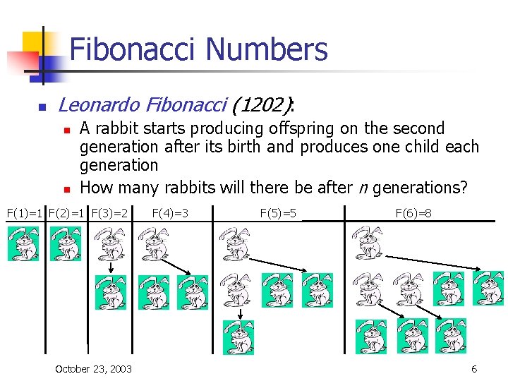Fibonacci Numbers n Leonardo Fibonacci (1202): n n A rabbit starts producing offspring on Fibonacci Numbers n Leonardo Fibonacci (1202): n n A rabbit starts producing offspring on