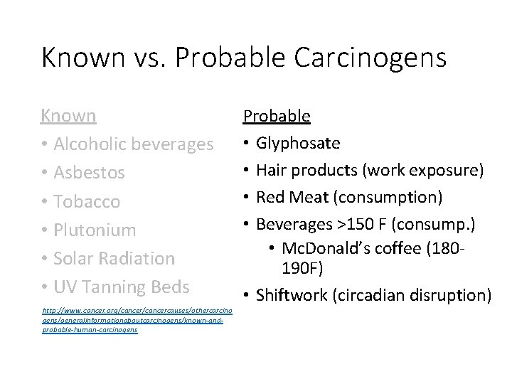 Known vs. Probable Carcinogens Known • Alcoholic beverages • Asbestos • Tobacco • Plutonium