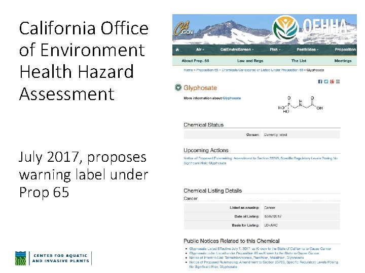 California Office of Environment Health Hazard Assessment July 2017, proposes warning label under Prop