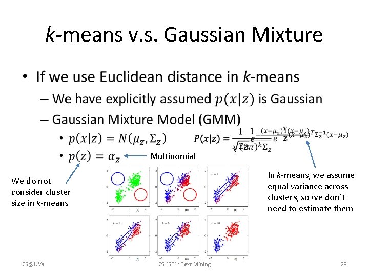 k-means v. s. Gaussian Mixture • Multinomial In k-means, we assume equal variance across