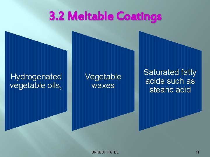 3. 2 Meltable Coatings Hydrogenated vegetable oils, Vegetable waxes BRIJESH PATEL Saturated fatty acids