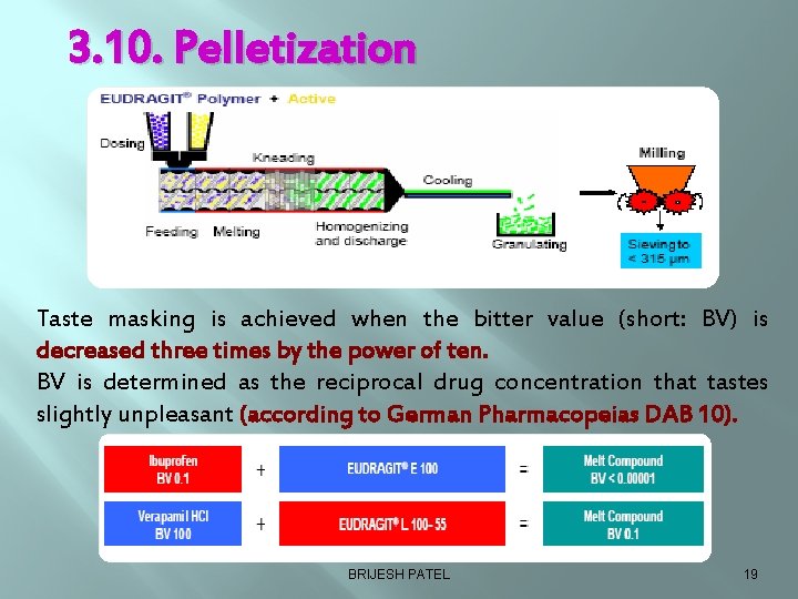 3. 10. Pelletization Taste masking is achieved when the bitter value (short: BV) is