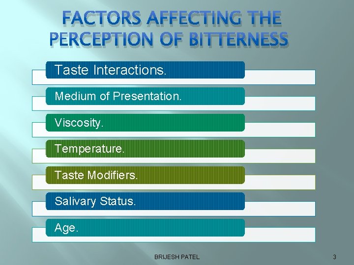 FACTORS AFFECTING THE PERCEPTION OF BITTERNESS Taste Interactions. Medium of Presentation. Viscosity. Temperature. Taste