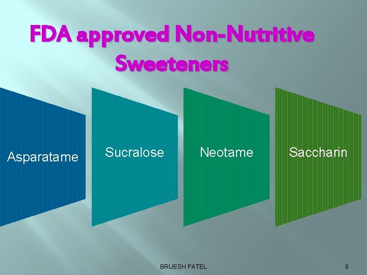 FDA approved Non-Nutritive Sweeteners Asparatame Sucralose Neotame BRIJESH PATEL Saccharin 8 