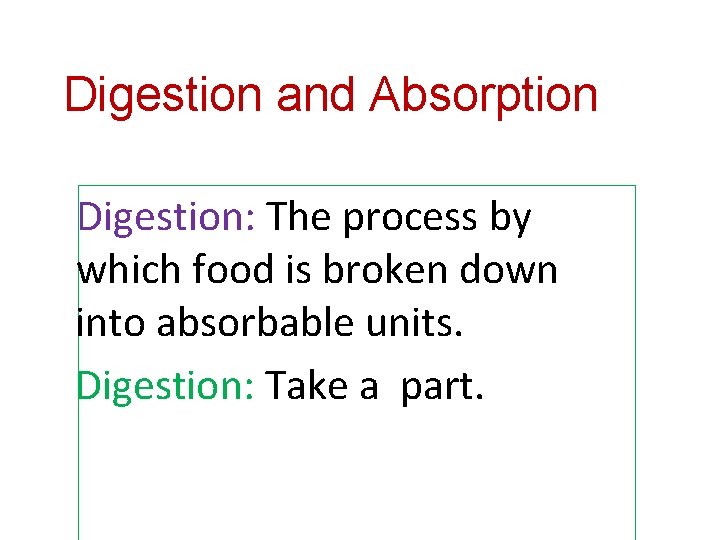 Digestion and Absorption Digestion: The process by which food is broken down into absorbable