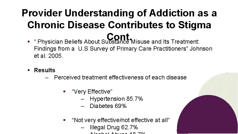 Provider Understanding of Addiction as a Chronic Disease Contributes to Stigma Cont. § “