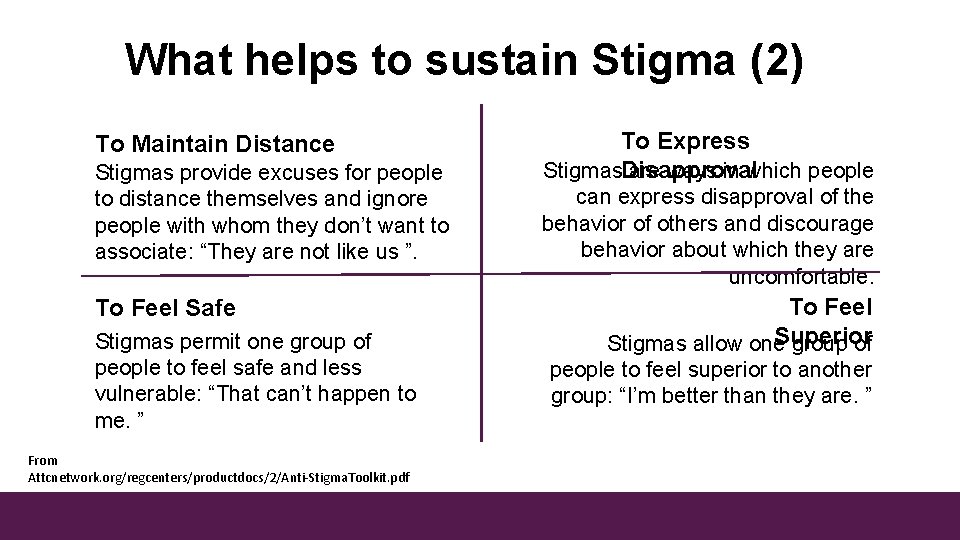 What helps to sustain Stigma (2) To Maintain Distance Stigmas provide excuses for people